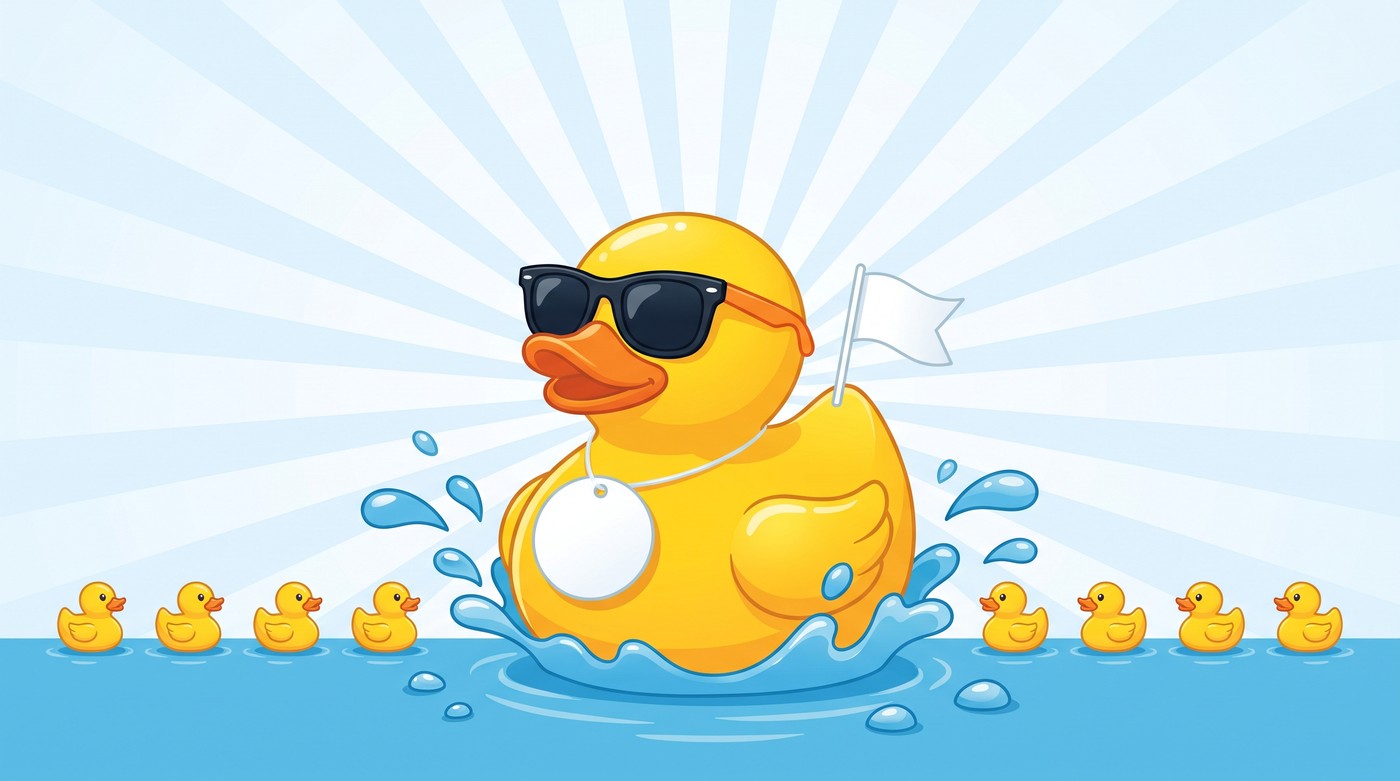 An oversized sponsor duck in sunglasses, with a blank tag and flag for your logo